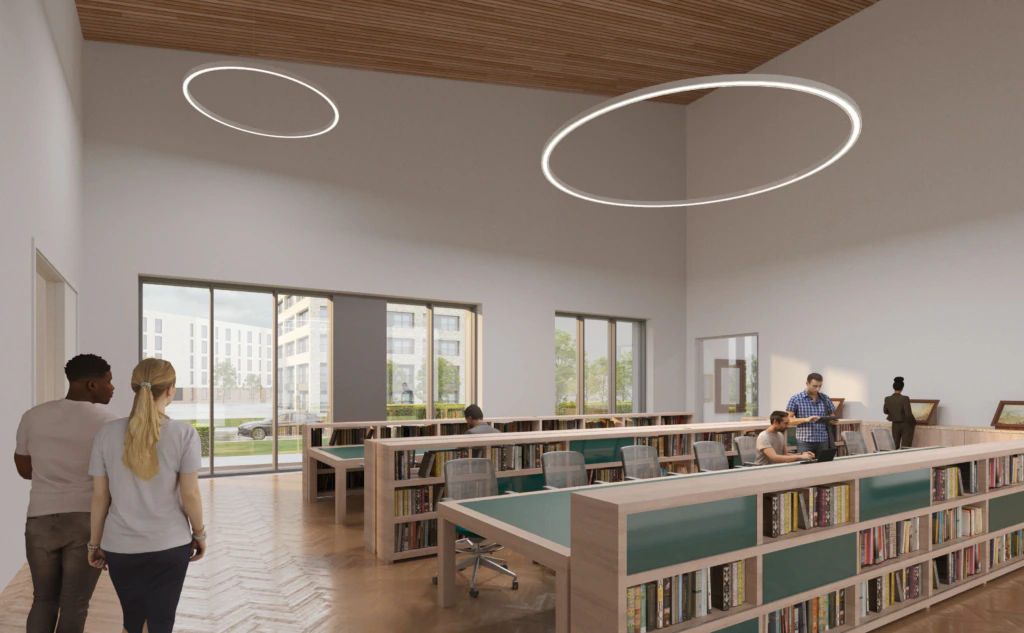 A modern library with bookshelves, people reading and working, large windows, wooden floors, circular ceiling lights, and two people walking near the entrance.