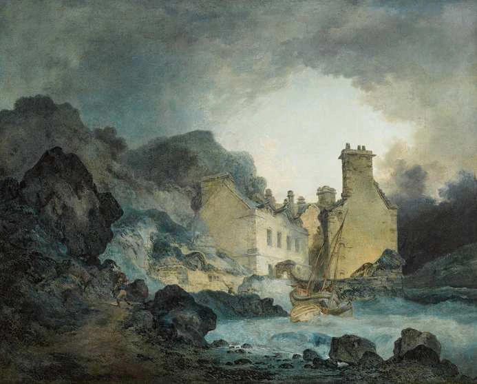 A dramatic seascape shows waves crashing on rocks near a large, weathered building, with a small boat anchored by the shore under a cloudy, stormy sky.