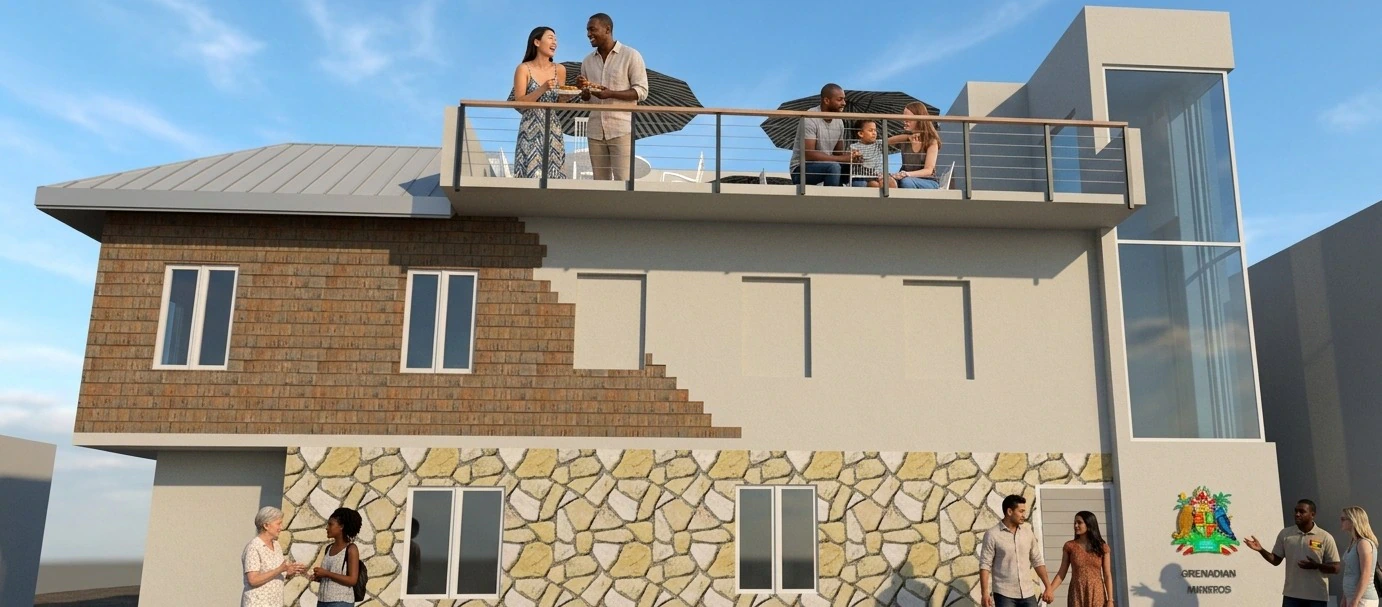 A two-story modern building with people socializing on a balcony and at ground level; the facade is partly stone and partly brick, with a coat of arms and the word WORKS on the lower right of the building.