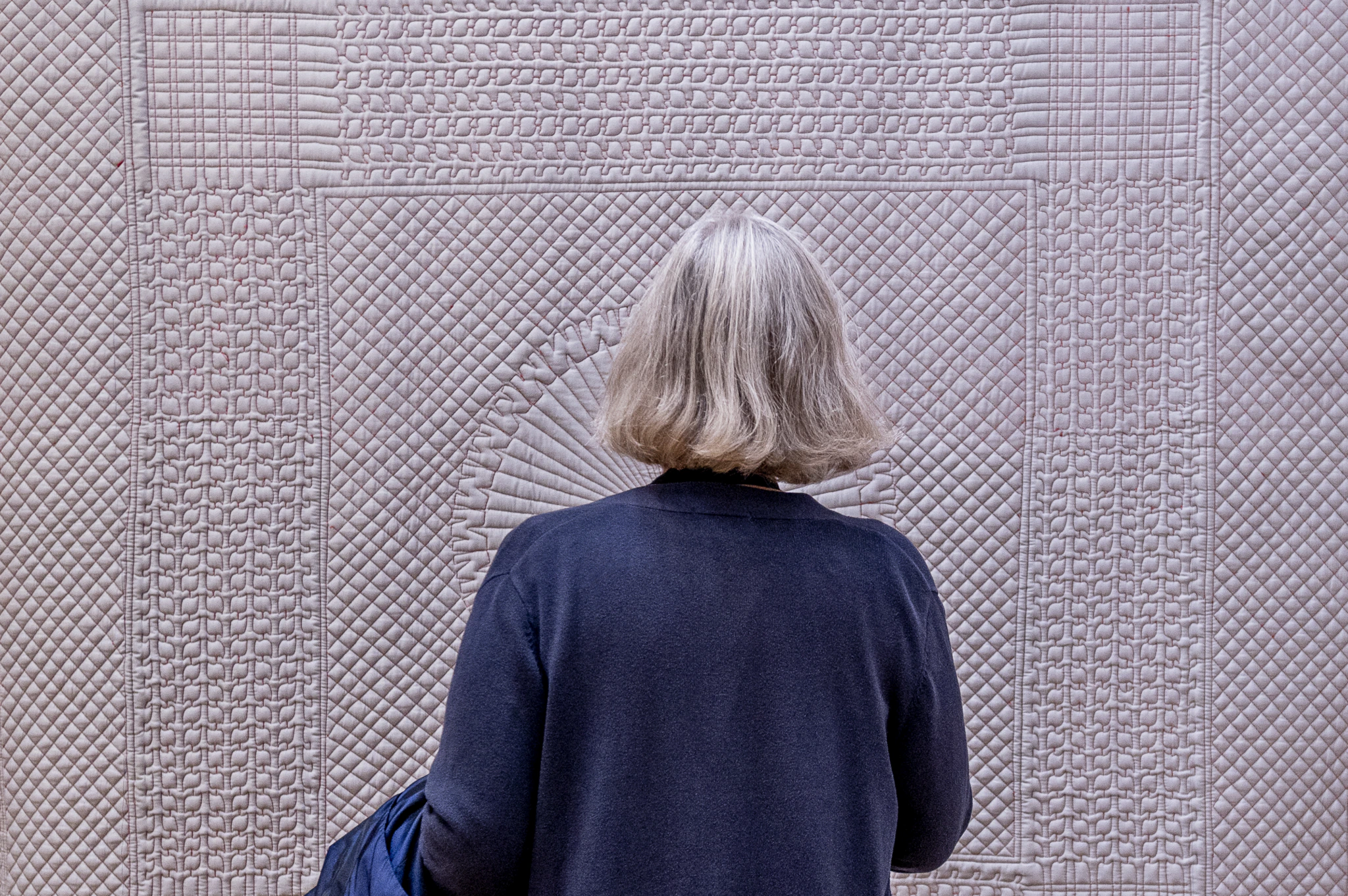 The back of a person with short, white hair as they look at a display wall in a museum space